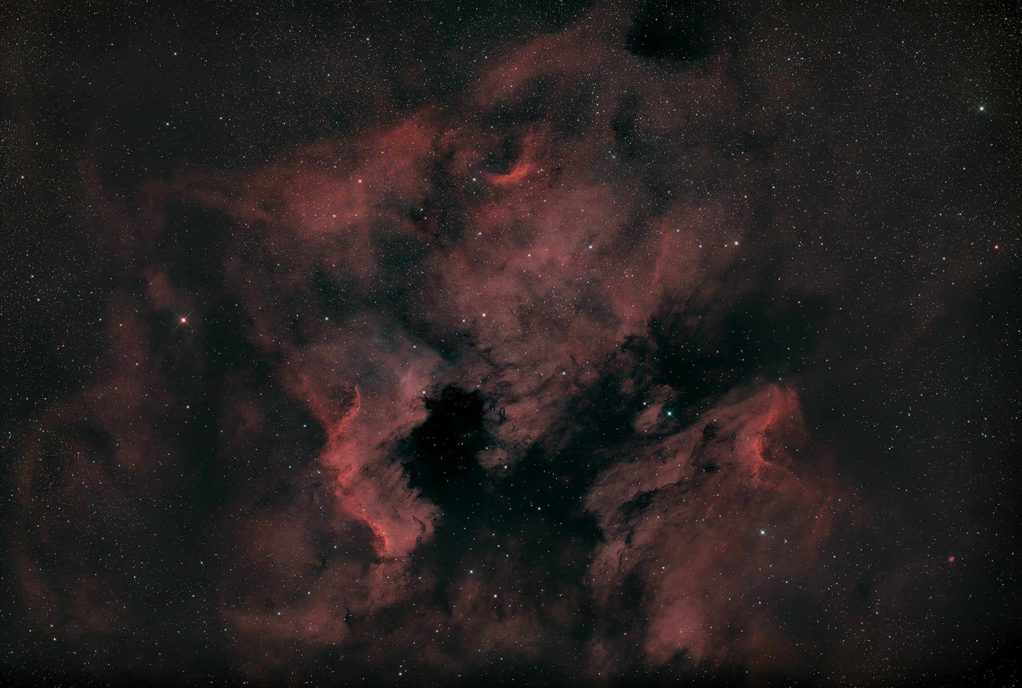 Der Nordamerika-Nebel NGC 7000 und der Pelikan-Nebel IC 5070 sind Emissionsnebel im Sternbild Cygnus in der Nähe von Deneb (der Schwanz des Schwans und sein hellster Stern). Die Form des Nebels ähnelt der des nordamerikanischen Kontinents, komplett mit einem markanten Golf von Mexiko. Oben rechts im Bild ist der Kopf eines Pelikans zu erkennen.